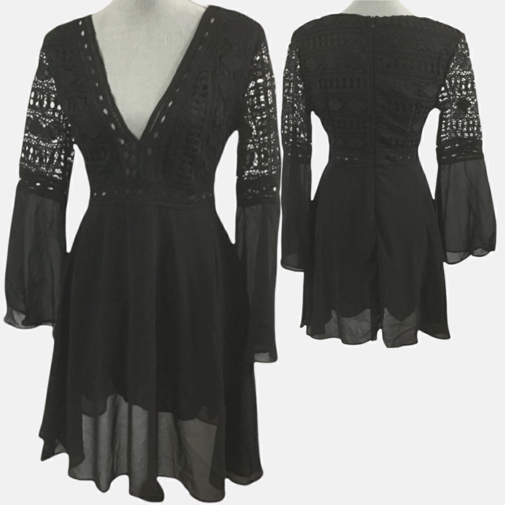 Rose dress, NBlack with Crochet Top, Long Flare Sleeves, Fit & Flare, Size Small